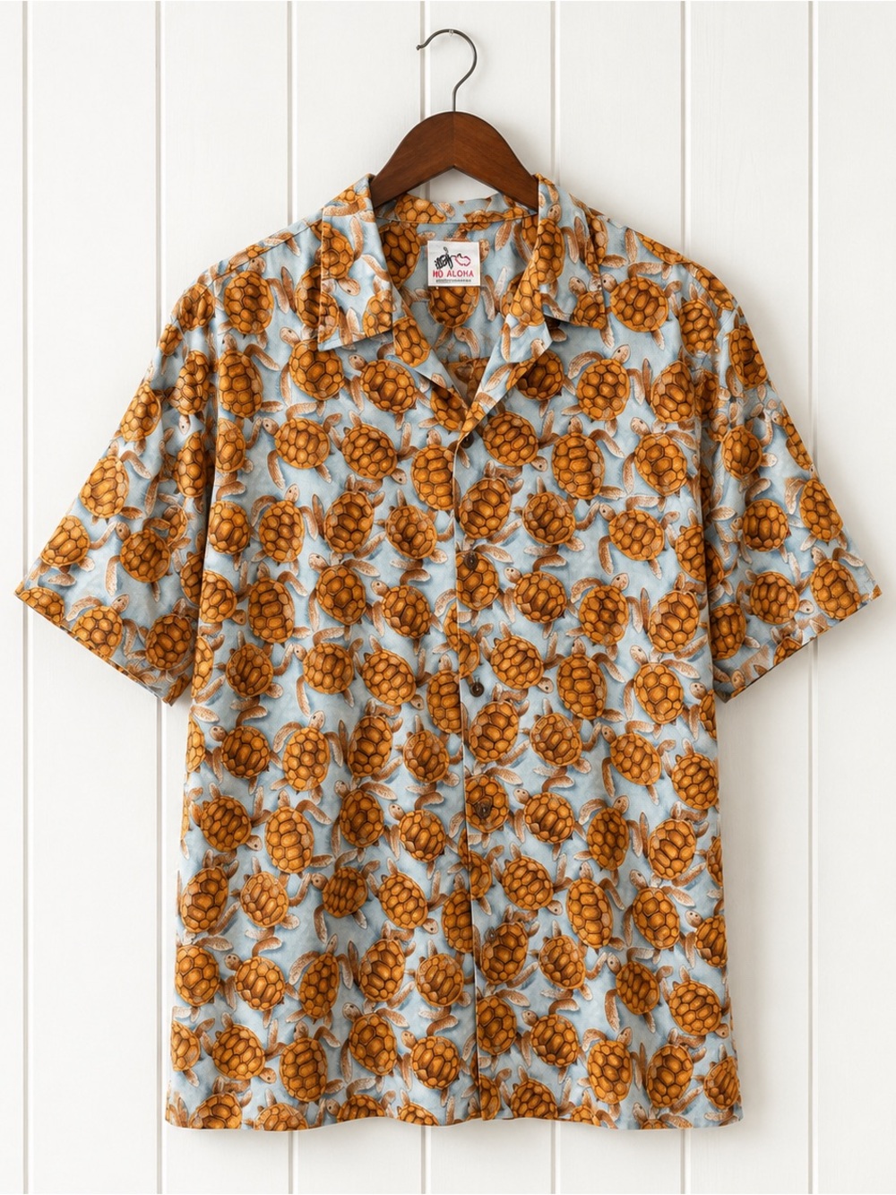 Ho Aloha Hawaiian Shirt Mens 2XL XXL Blue Orange Sea Turtle Luau Made in Hawaii